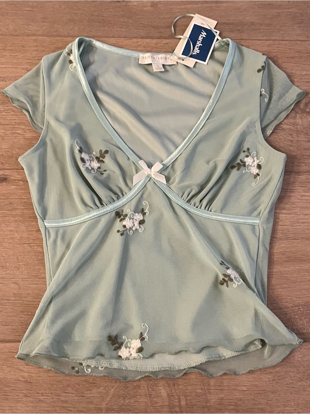 Light Green Embroidered Mesh V-Neck Blouse